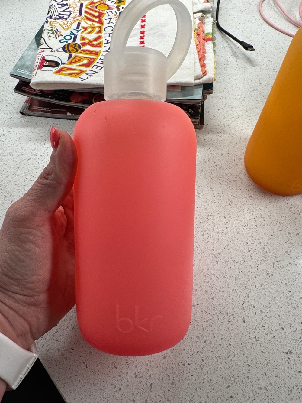 bkr Coral Pink Glass Water Bottle with Translucent Loop Cap